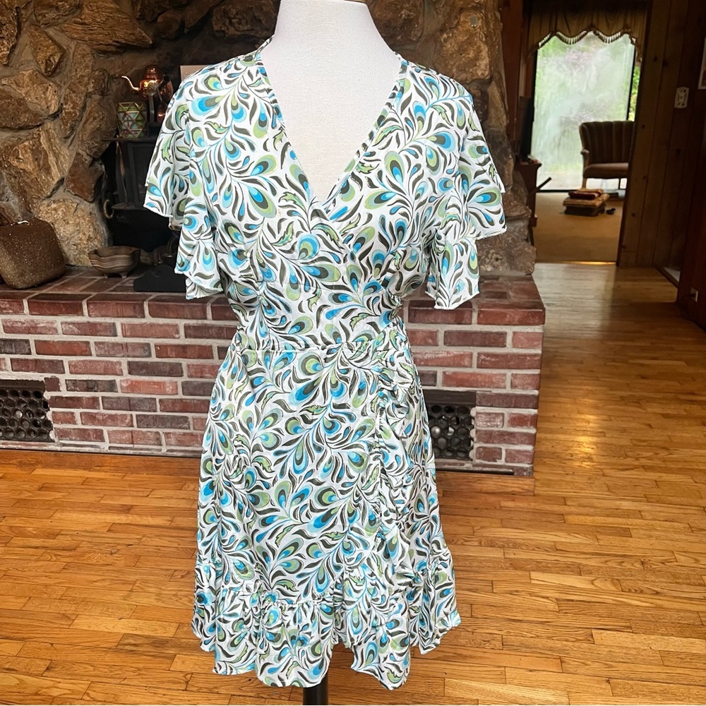 Lara Ethnics Patterned Wrap Dress in Blue and Green
